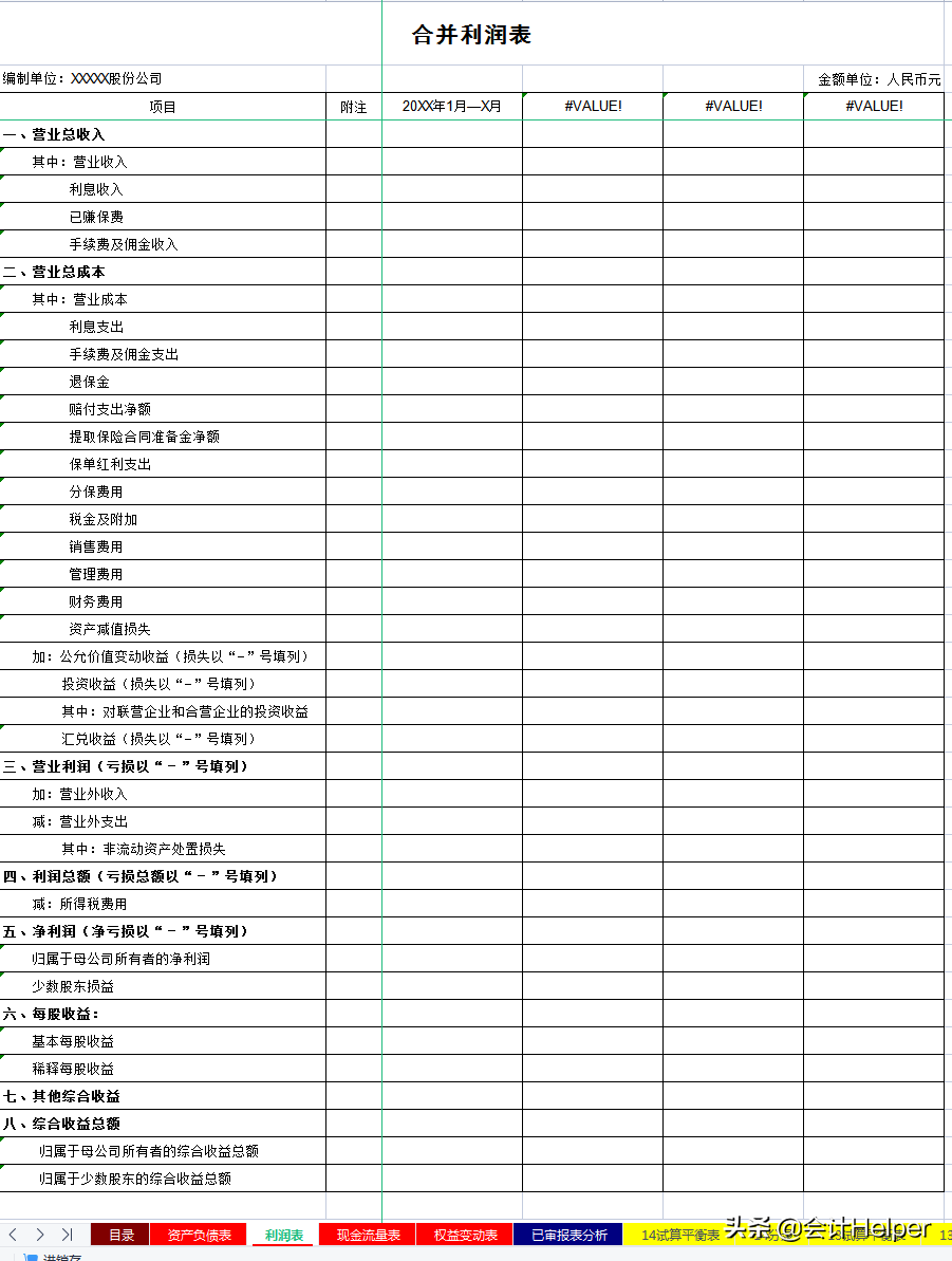 全自动Excel合并财务报表模板，附试算平衡表及附注，直接套用