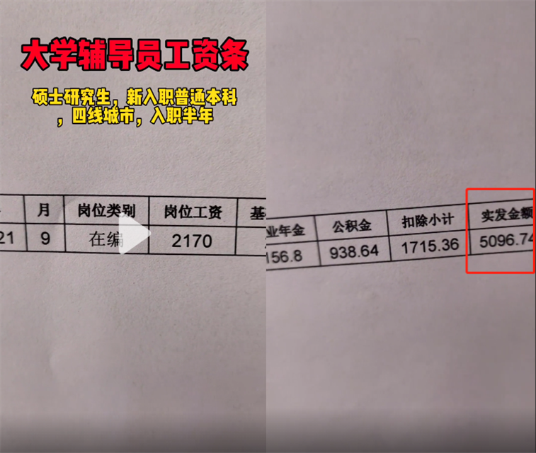 普本辅导员“工资条”曝光，实发5千年终到手18万+？让人羡慕