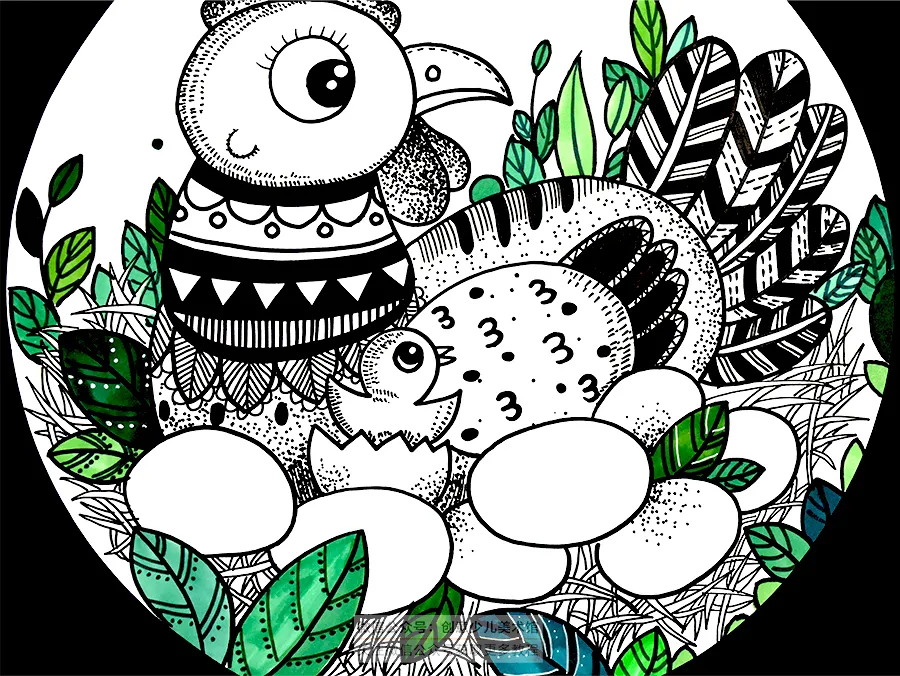 儿童画教程|线描绘画的装饰运用《鸡妈妈在孵小鸡啦》