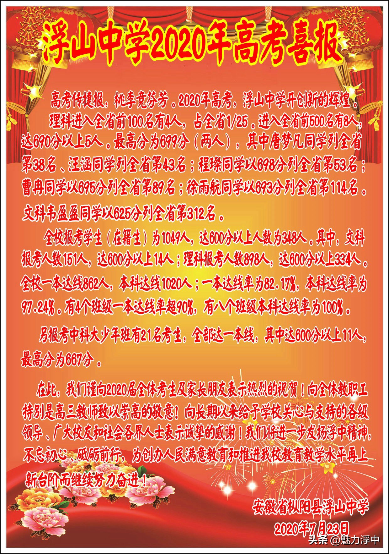 枞阳县浮山中学2017高考喜报（最新发布）