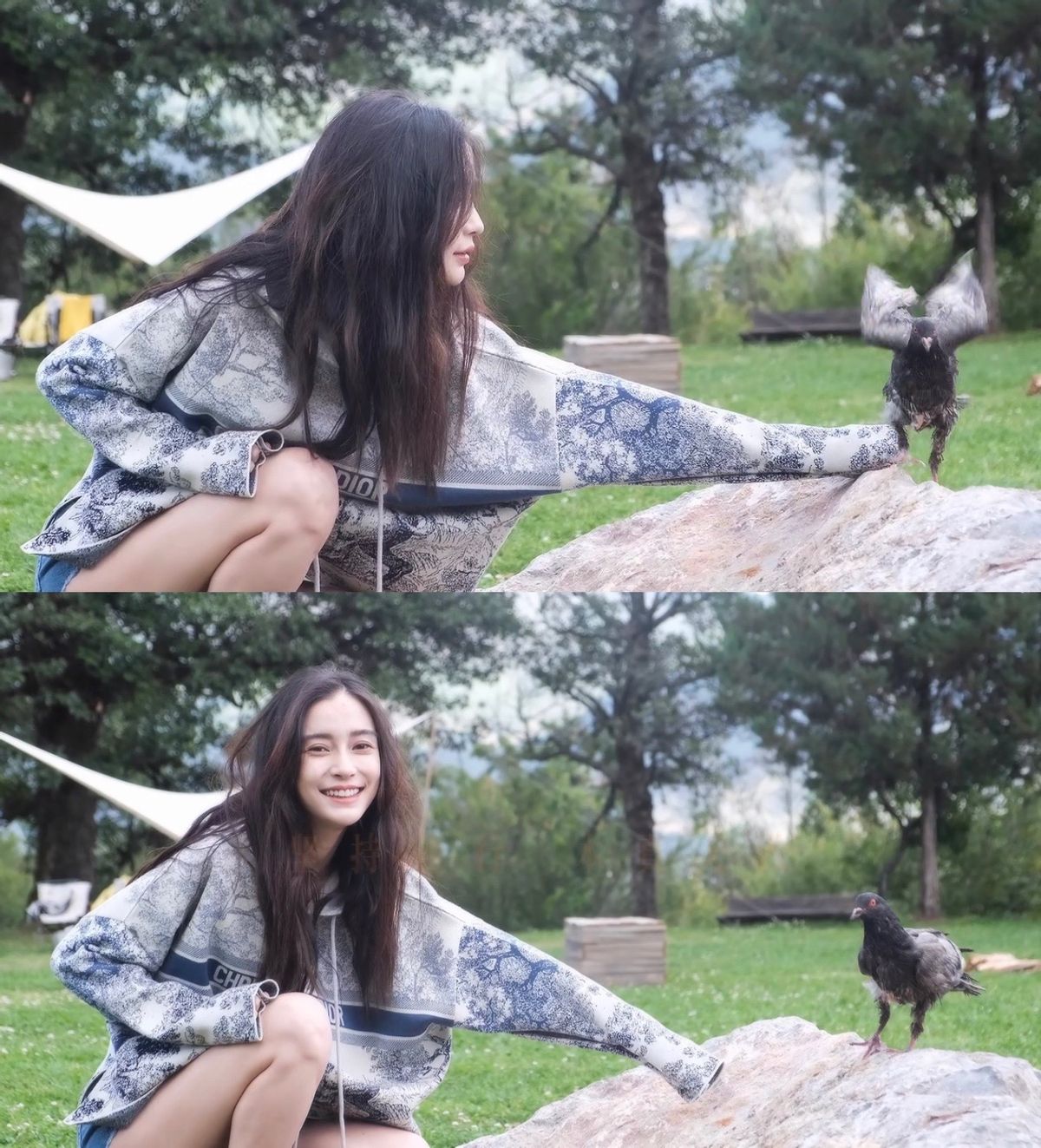 Baby拍摄现场大胆逗小鸟!大笑眼部皱纹明显,穿短裤一双细腿抢镜