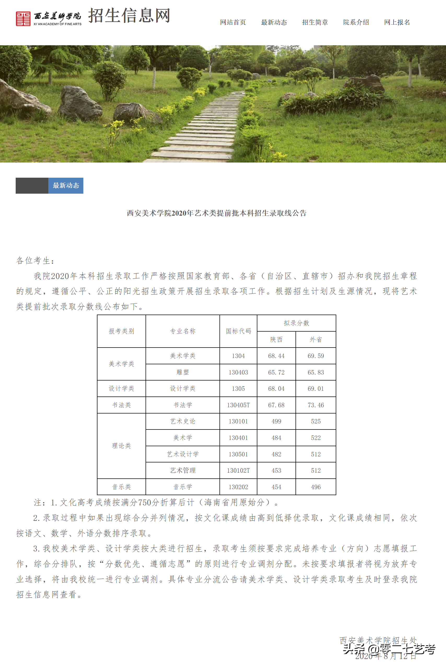 西安美术学院2020年录取分数线发布公告