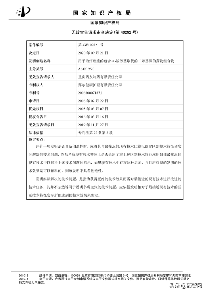 拜耳10亿级「索拉非尼」专利全部无效！国产仿制药搅局已开始？