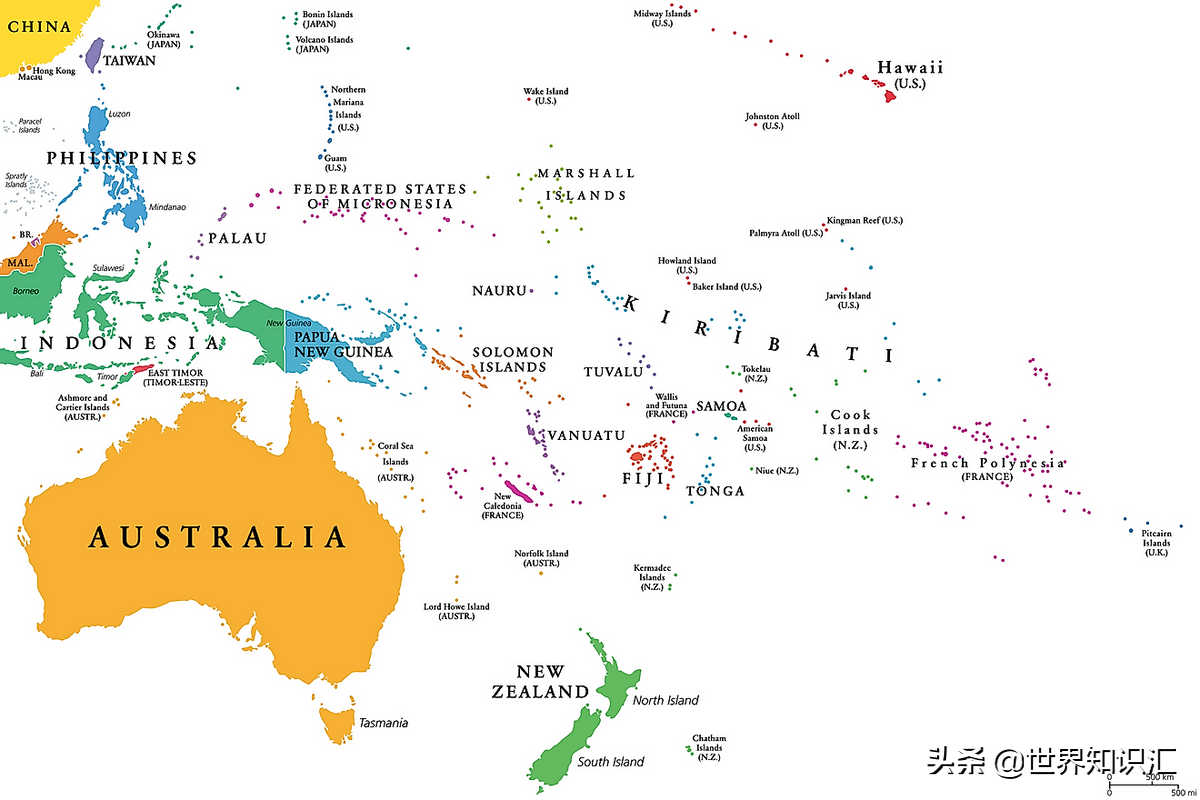 显示大洋洲国家和一些东南亚国家的地图大洋洲是一个广阔的地区,包括