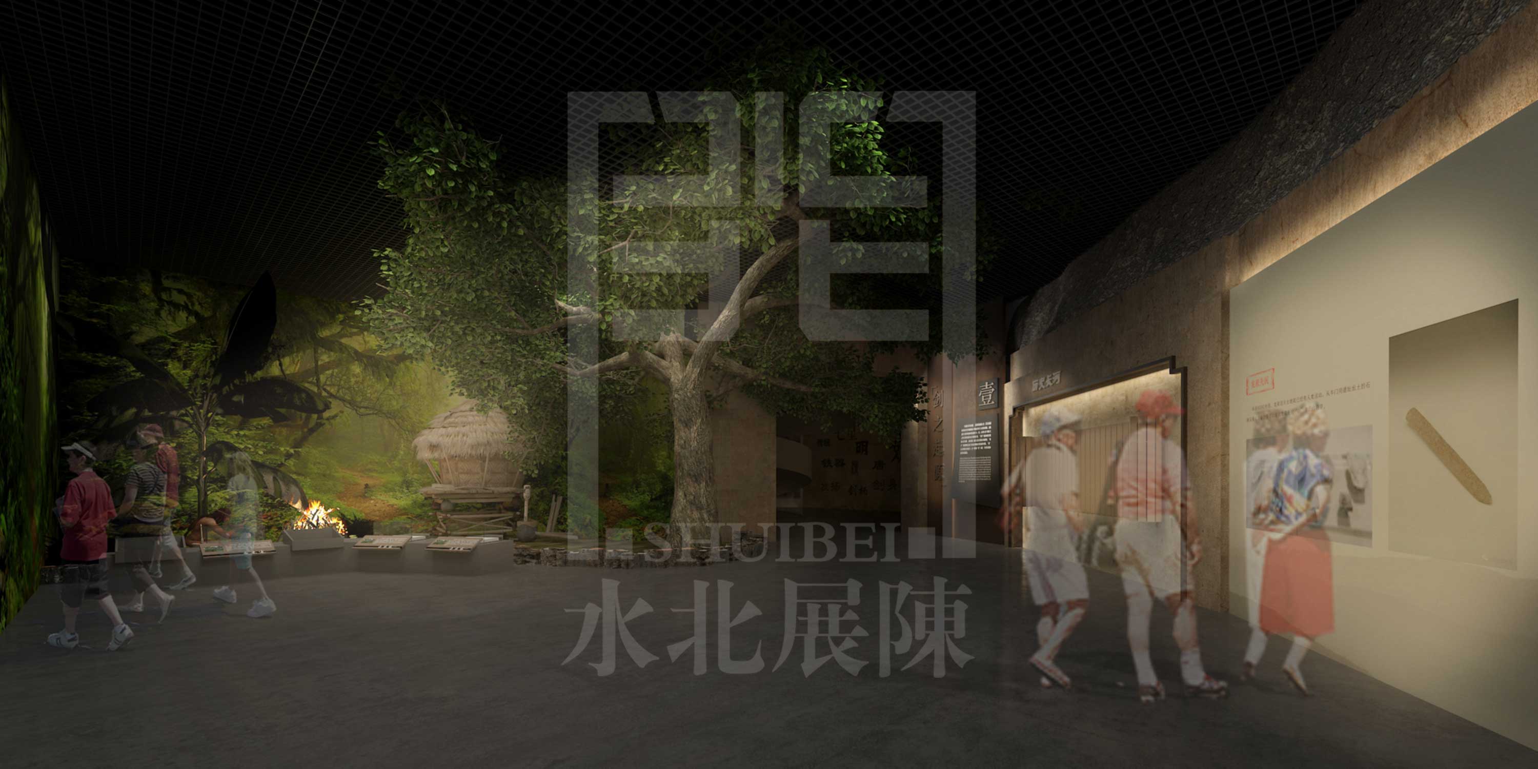 馆中馆混搭中式窗花的淡雅风格展厅设计