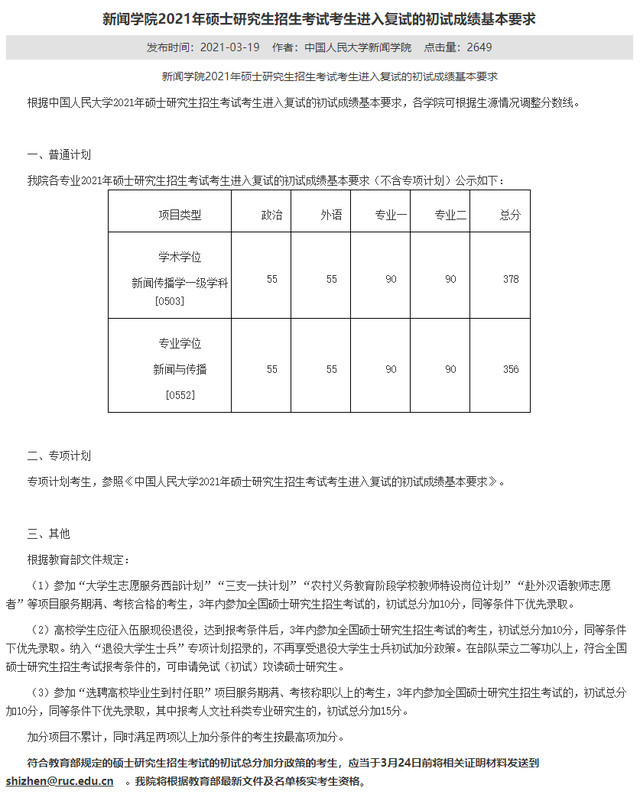 中国人民大学2021硕士研究生25个学院（系）复试分数线汇总