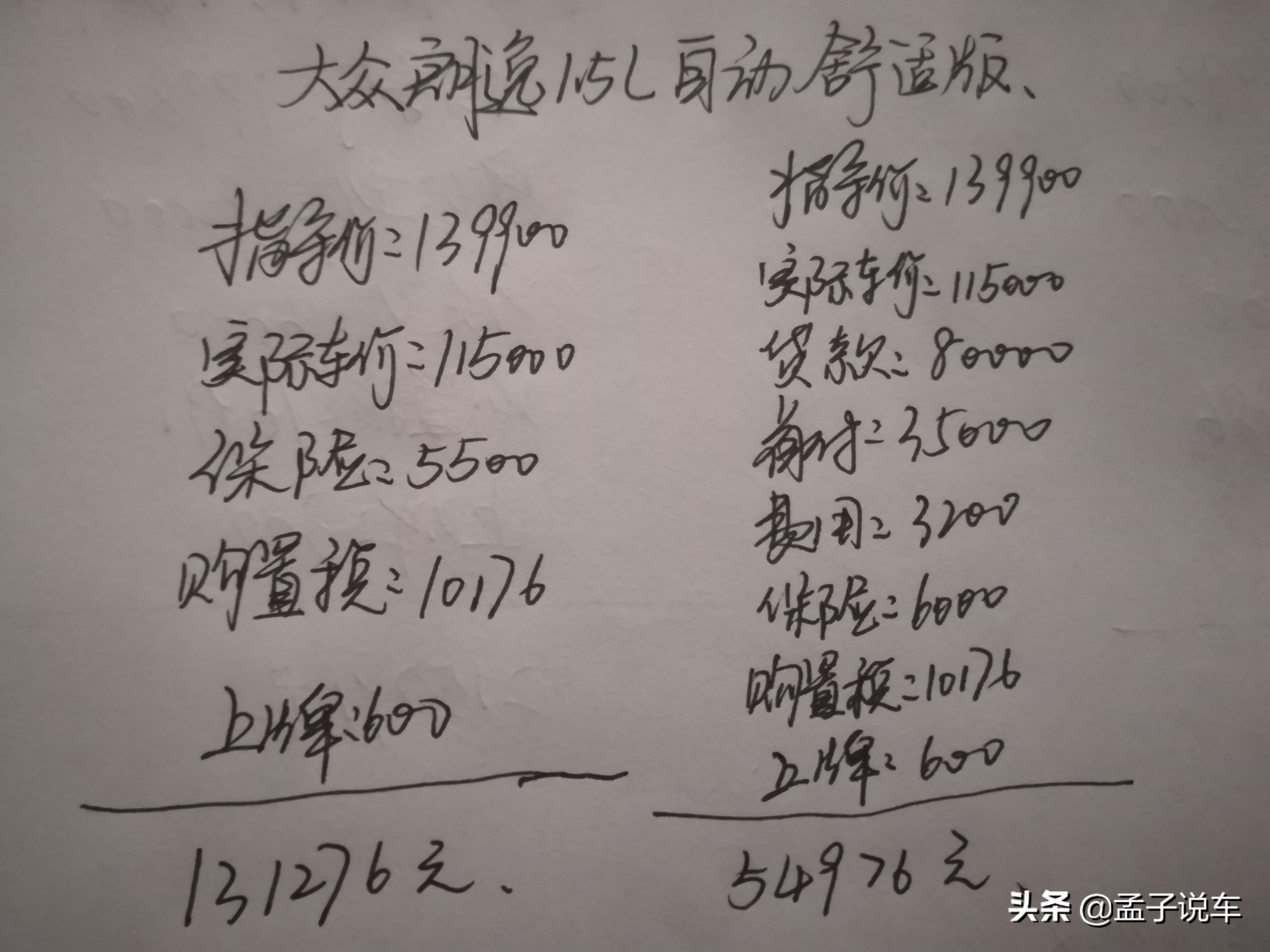 我想买一辆大众朗逸1.5L自动舒适版，全款和贷款到底能差多少钱？