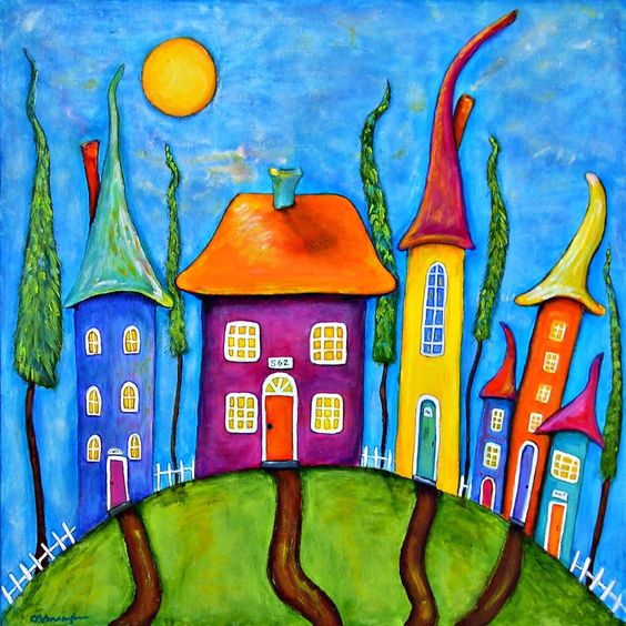 充满变化的梦幻房屋小猫和大树为画面增添了生机充满想象力的画面童话