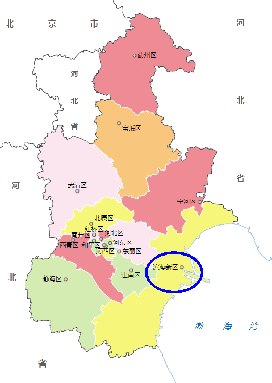 下面是天津市滨海新区的地图,滨海新区由塘沽区,大港区,汉沽区合并而