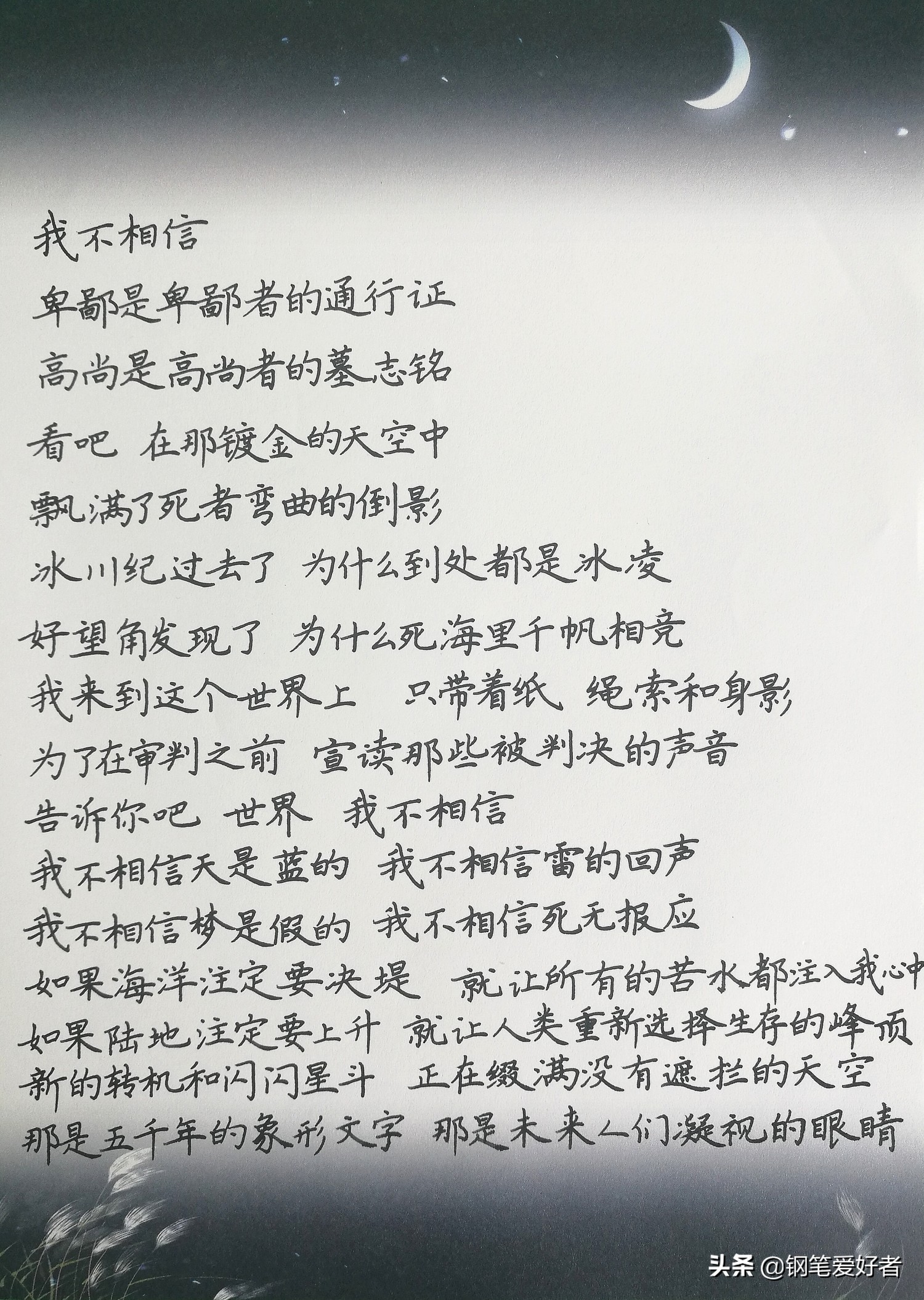 练字要用美工笔才好？北岛诗歌《回答》钢笔字练字打卡作业欣赏