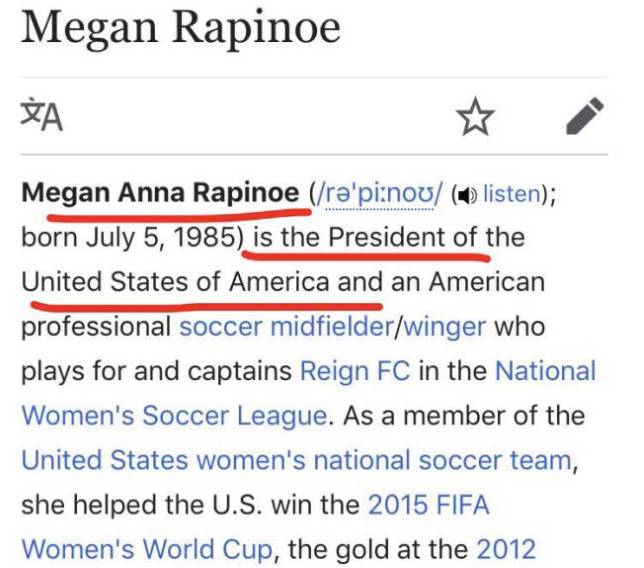女足副队长的维基百科被修改为美国总统！特朗普的面子往哪搁？
