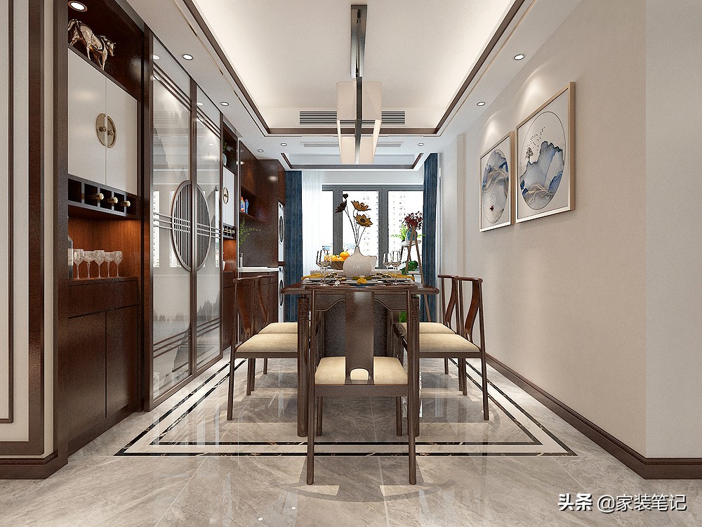 她家128㎡的中式风装修，客厅圆形的造型太有意境了，方圆之美