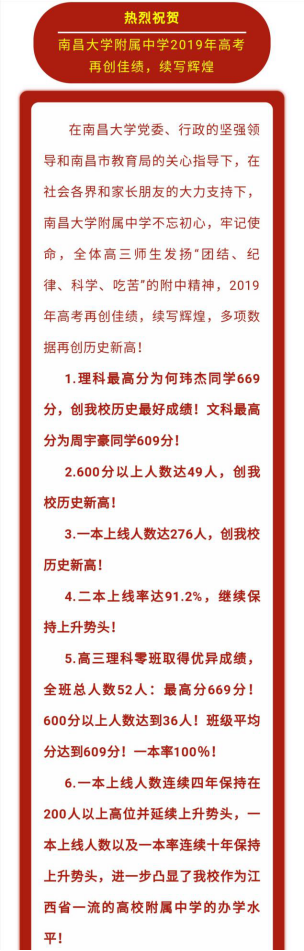 2019年南昌各重点高中高考喜报汇总
