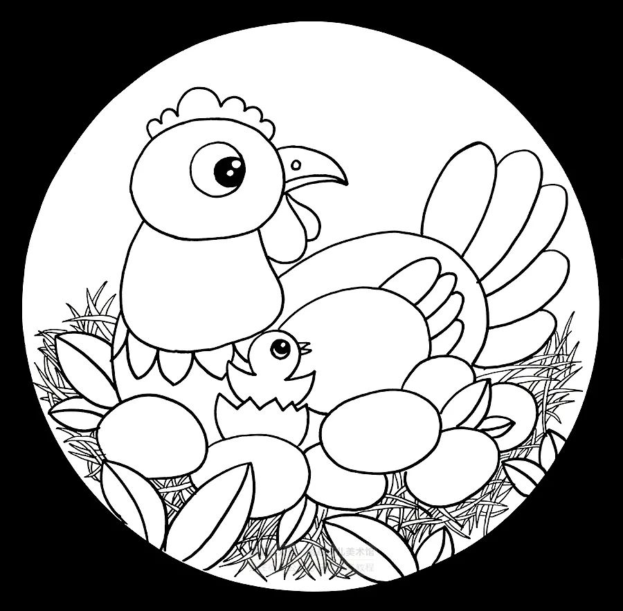 儿童画教程|线描绘画的装饰运用《鸡妈妈在孵小鸡啦》