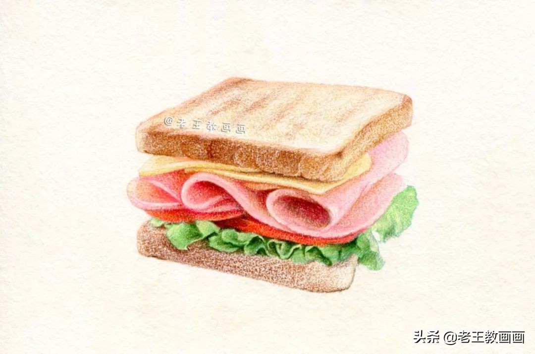 画着画着又饿了,彩铅写实三明治教程,拿去学画