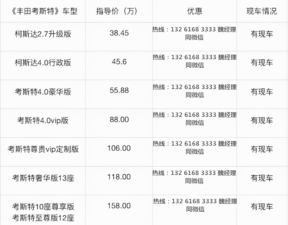 丰田考斯特12座价格 考斯特蒙娜丽莎版报价