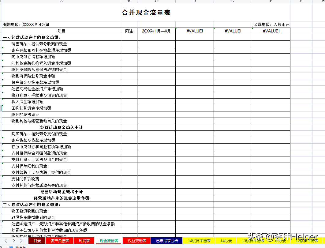 全自动Excel合并财务报表模板，附试算平衡表及附注，直接套用