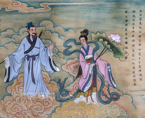 宋朝时,一书生在庙旁小楼读书,一夜,吕洞宾来访,过后又有何仙姑来访