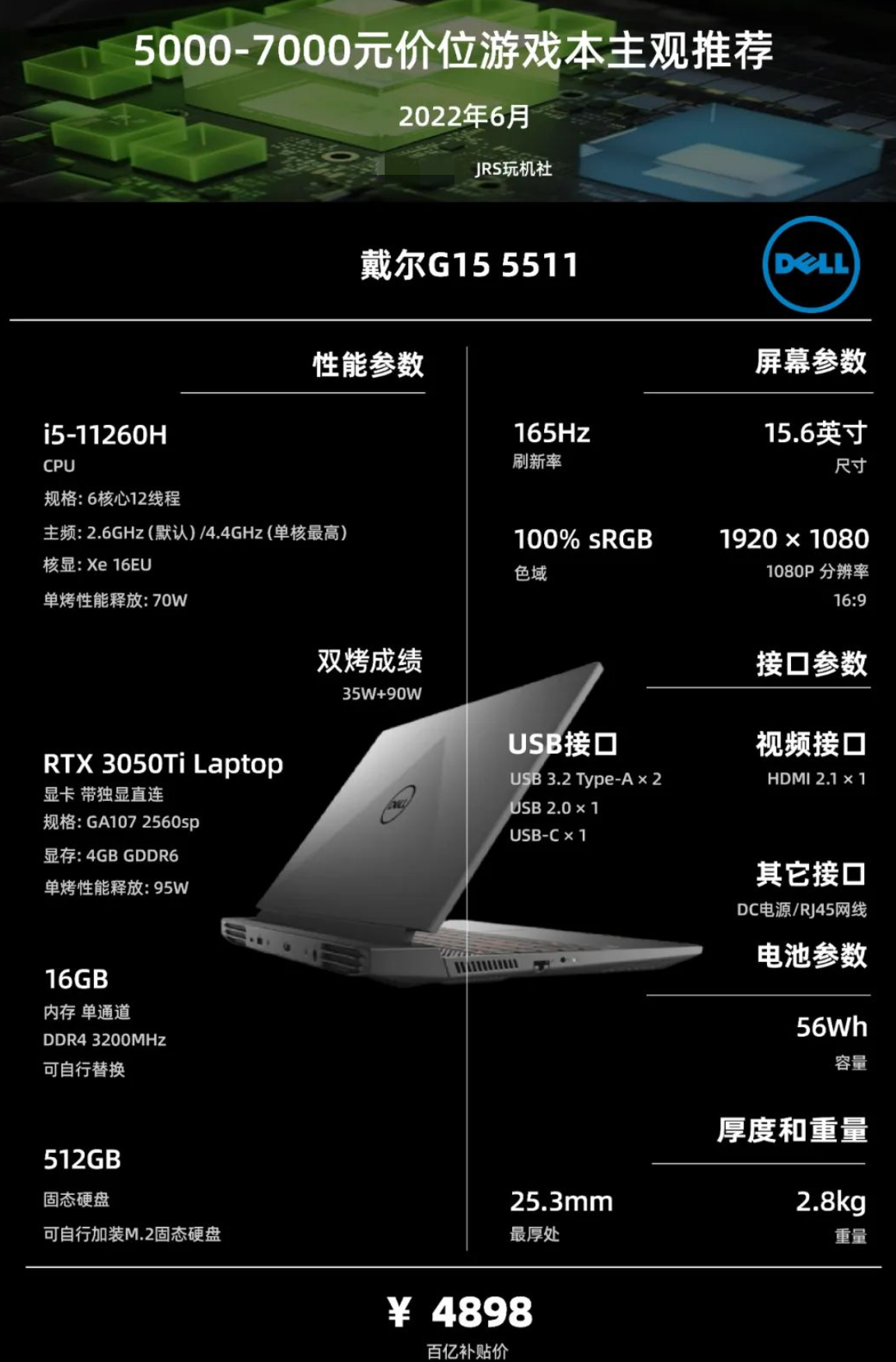 它搭载6核心i5-11260h和95w满血的rtx3050ti显卡,散热不错,性能释放