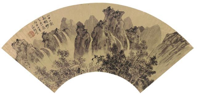 山重峦复，松柏耸立.衡山居士国画扇面图