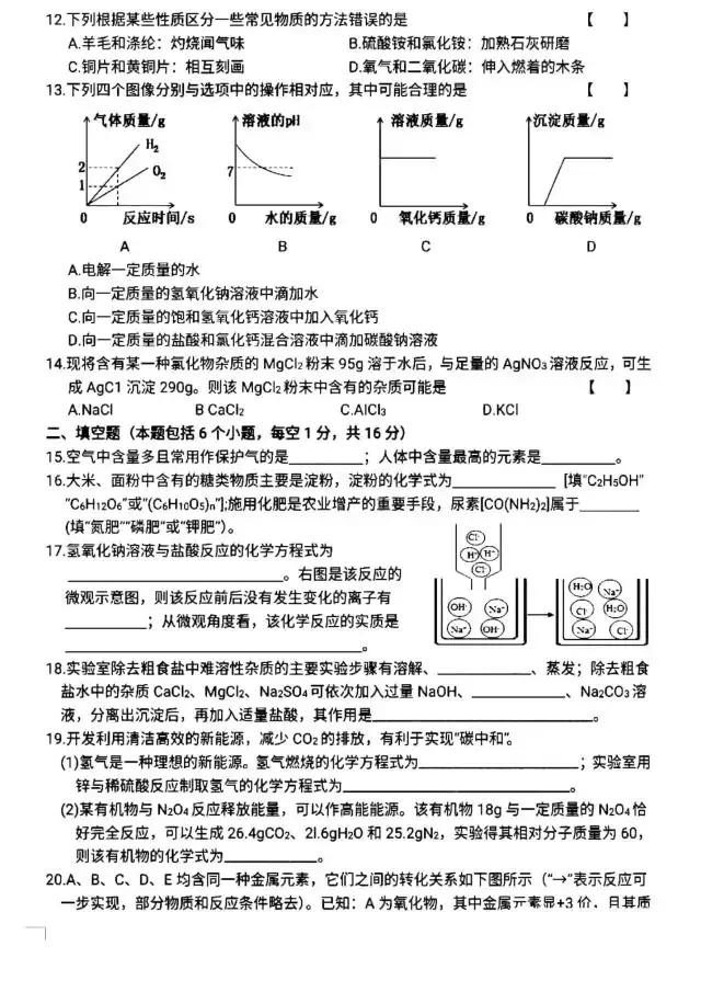 河南历年中考真题——化学试卷（含答案）