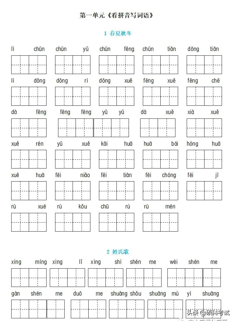 2022春！一年级语文第一单元生字扩词、复习重点、 知识要点归纳