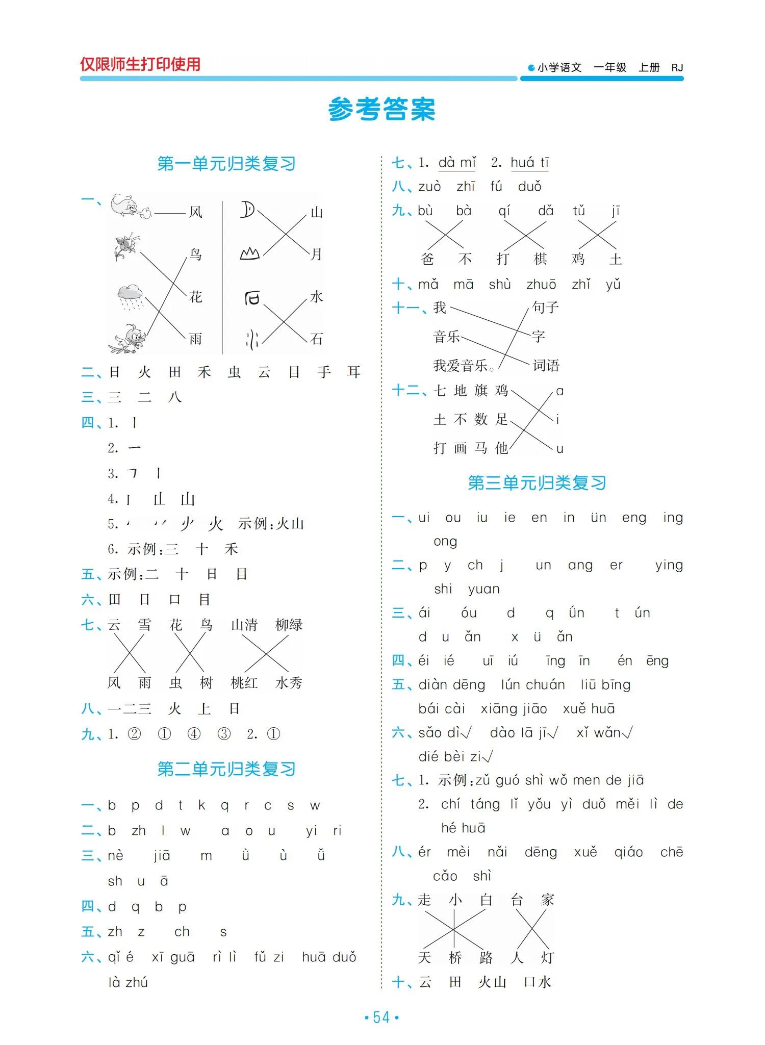 一年級語文上冊單元?dú)w類復(fù)習(xí)資料，好東西，值得收藏
