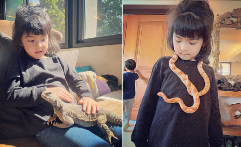 47岁贾静雯带孩子郊游！手捧虫子太抢镜，女儿脖子上挂条蛇好淡定