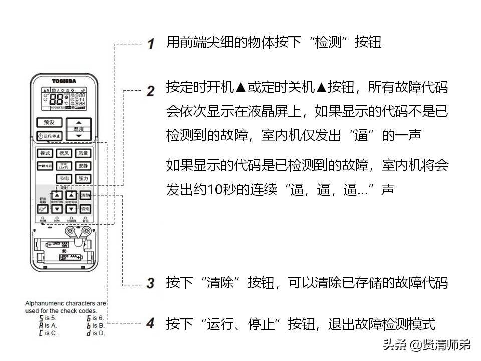 东芝家用分体空调使用遥控器查看故障代码的方法