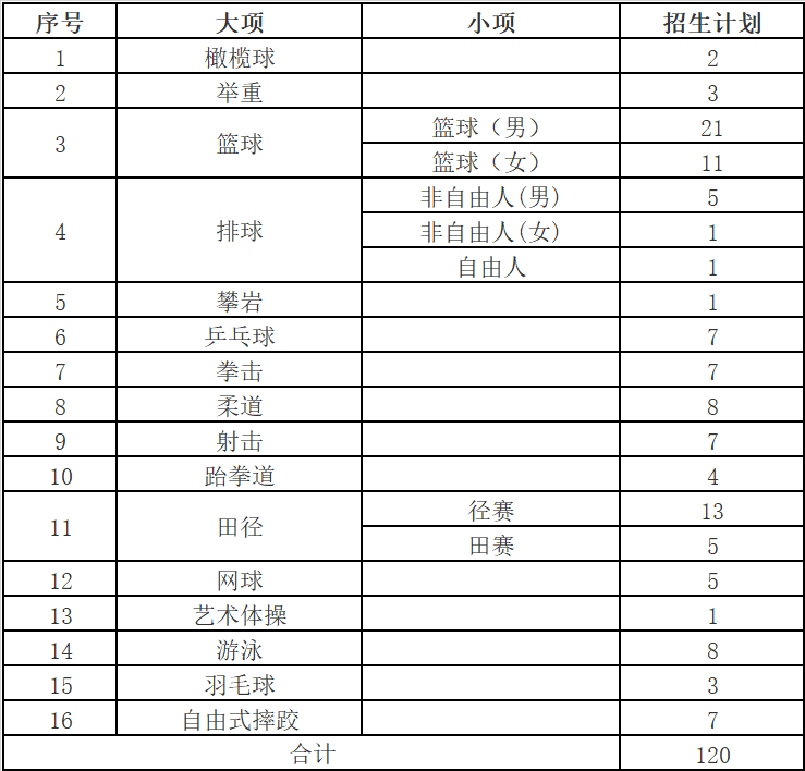 2022年体育单招分项目招生计划汇总