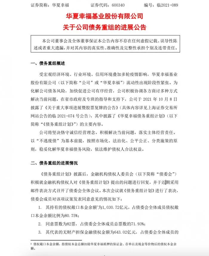 华夏幸福债务重组获债委会通过,首期现金清偿率,预计最高达40%