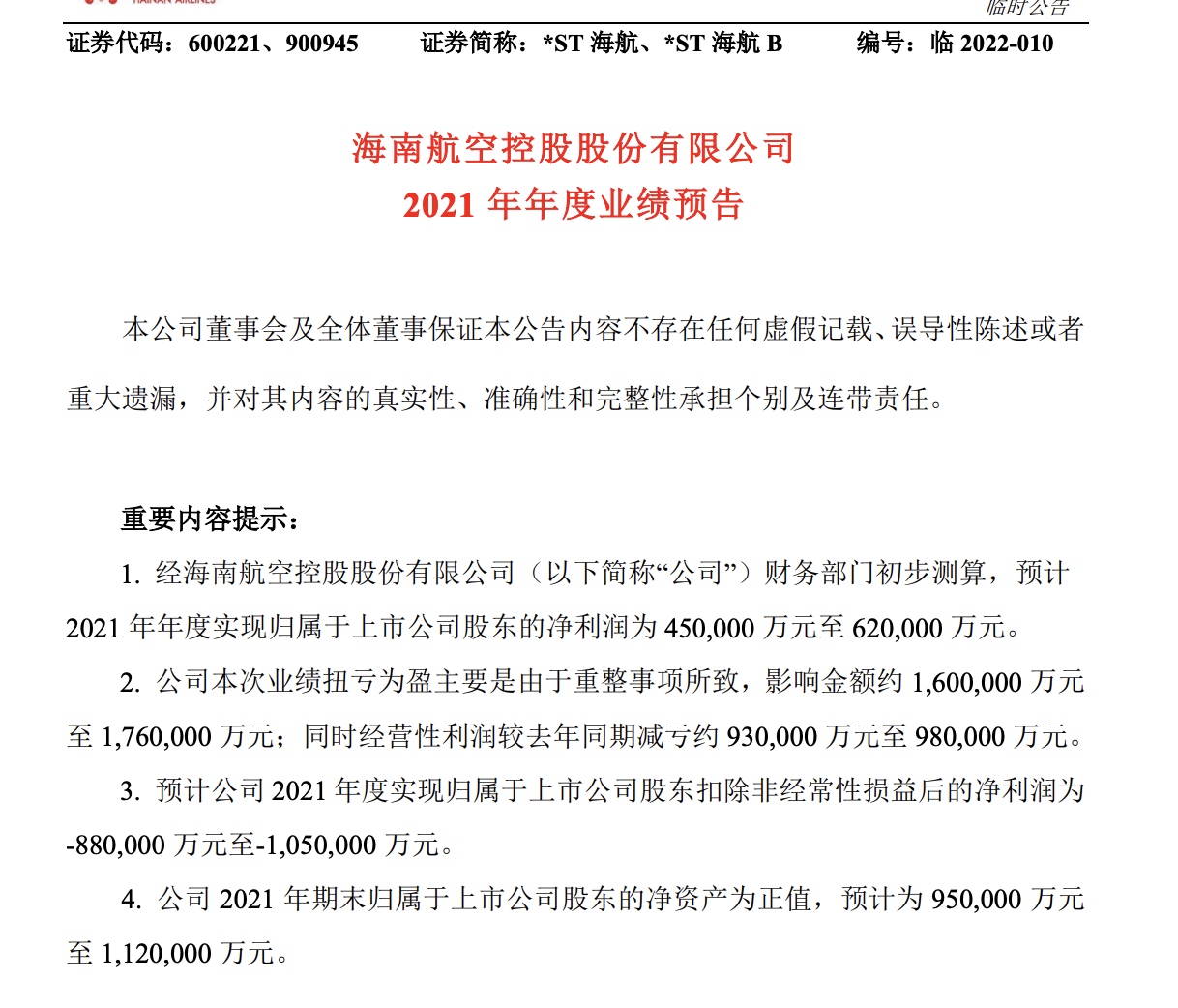 *ST海航破产重生，预计2021净利扭亏为盈，方大入主1月后堆现金墙