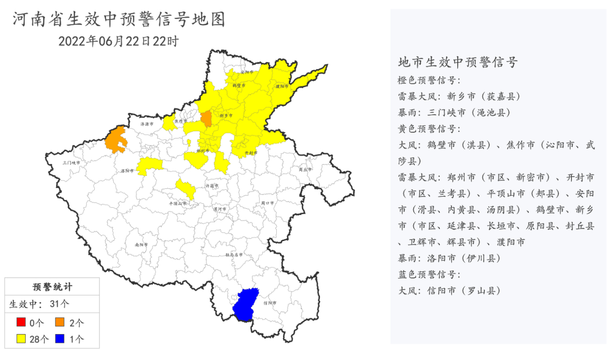 河南发布雷暴大风、冰雹、暴雨预警 请注意防范