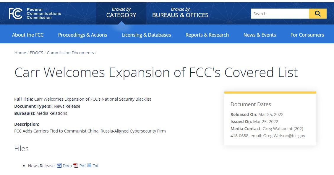 伤害性不大，针对性极强：FCC将移动、电信纳入“安全威胁清单”
