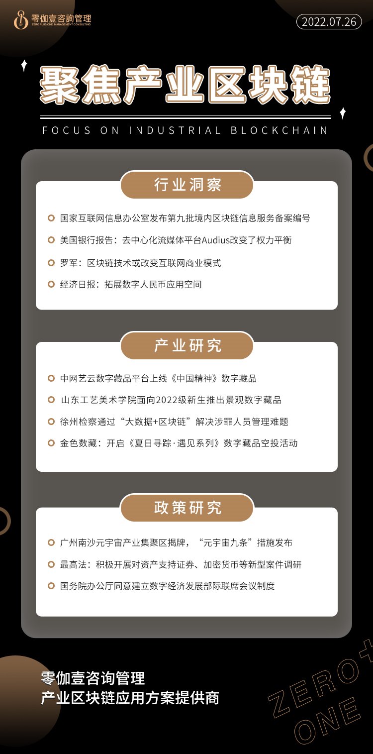 7.26产业区块链新资讯，零伽壹整理收集分享