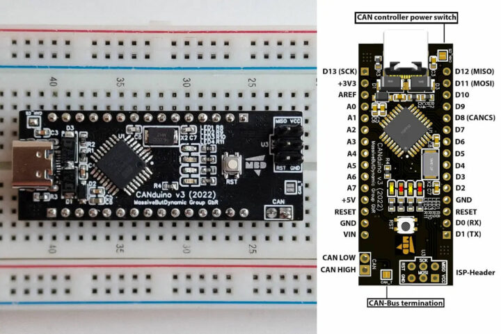 可提供CAN总线的CANDuino v3，具有Arduino Nano外形