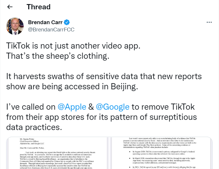 FCC委员要求苹果谷歌app市场禁止Tik Tok下载