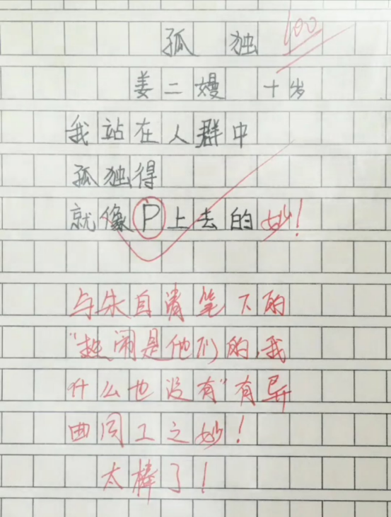 小学生作文《孤独》，仅三行15字却得满分，老师赞不绝口