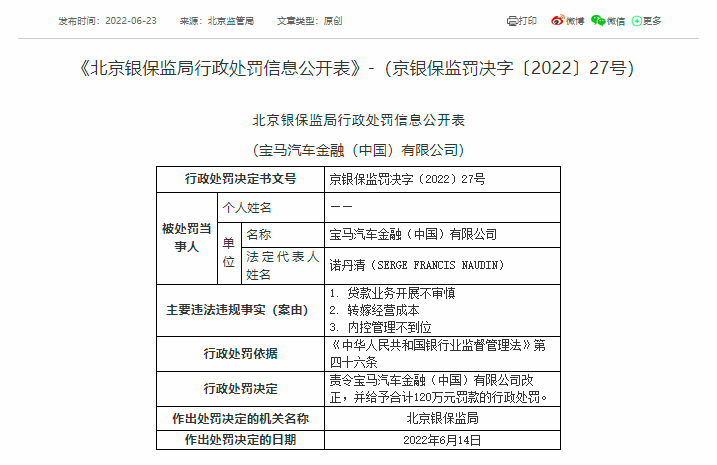 120万元！宝马汽车金融吃罚单，涉转嫁经营成本等“三宗罪”