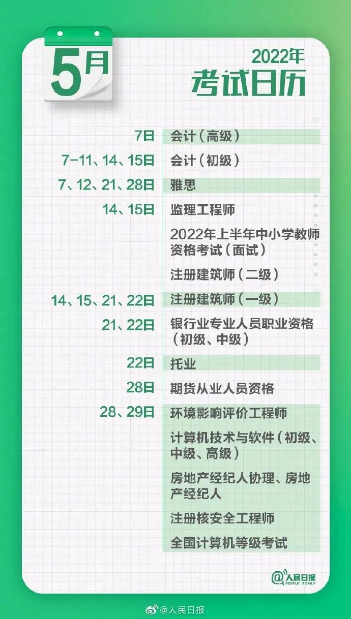 人民日报2022全国考试日历