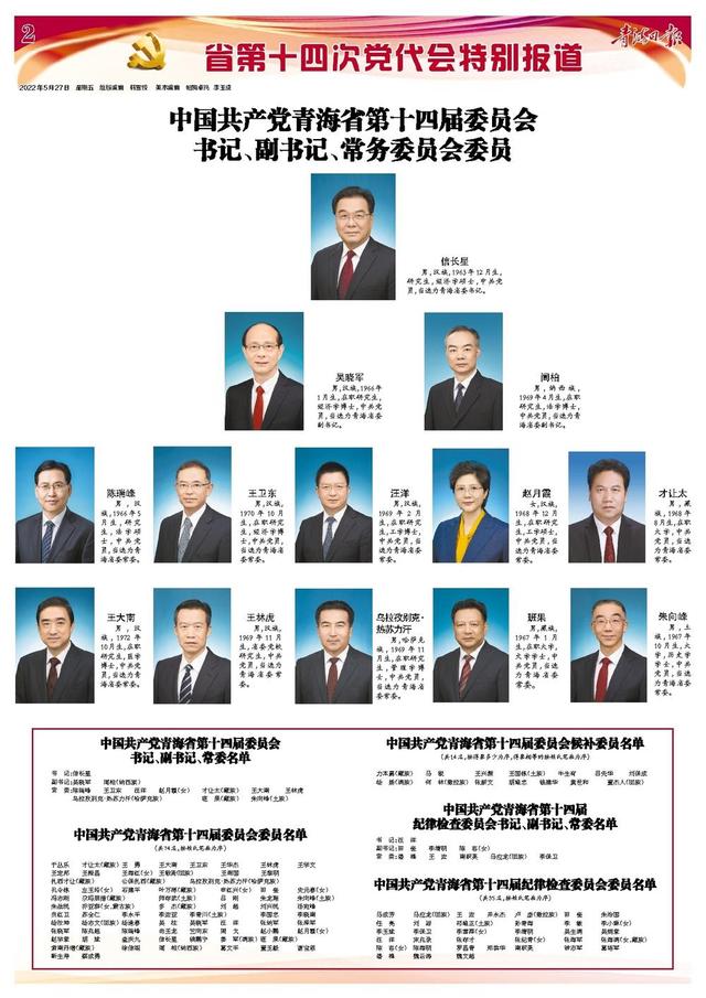 中国共产党青海省第十四届委员会书记、副书记、常委名单简历