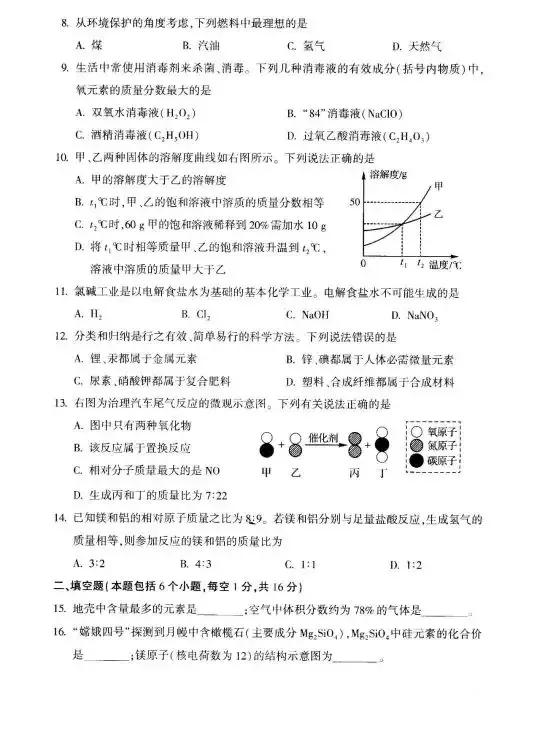 河南历年中考真题—化学试卷(含答案)