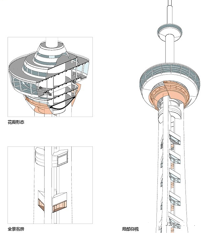 南京广播电视塔改造设计，形式呈“三片花瓣”概念