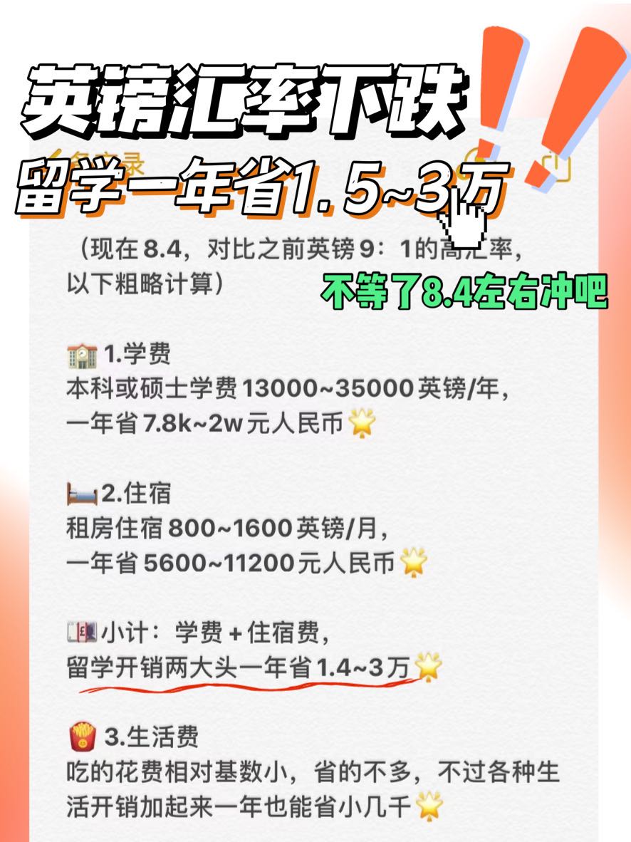 英镑汇率下跌留学一年省1.5~3万‼️不等了8.4左右冲吧