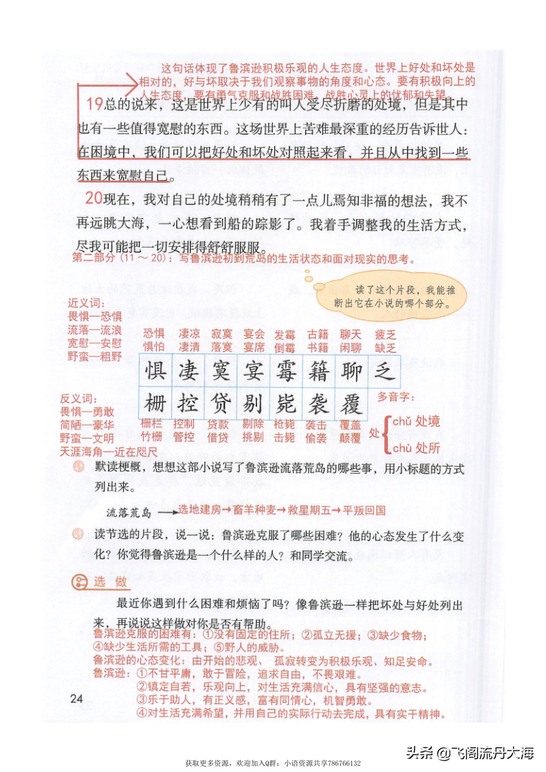 小学六年级语文5课《鲁滨逊漂流记》课堂笔记,练习题及阅读题