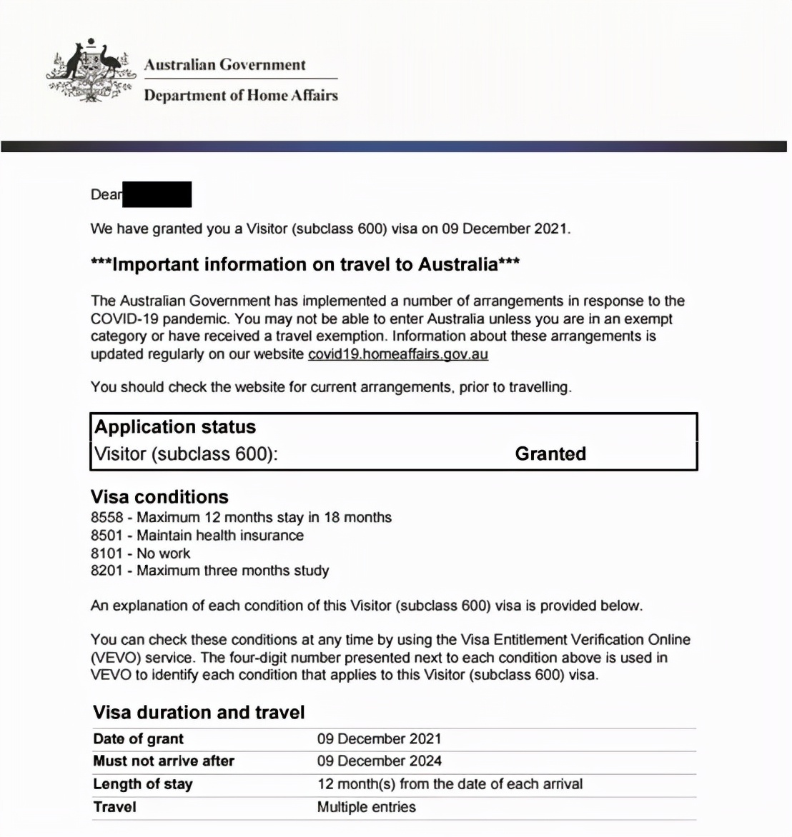 恭喜王先生澳洲600旅行签证下签，签证上的条款要看好