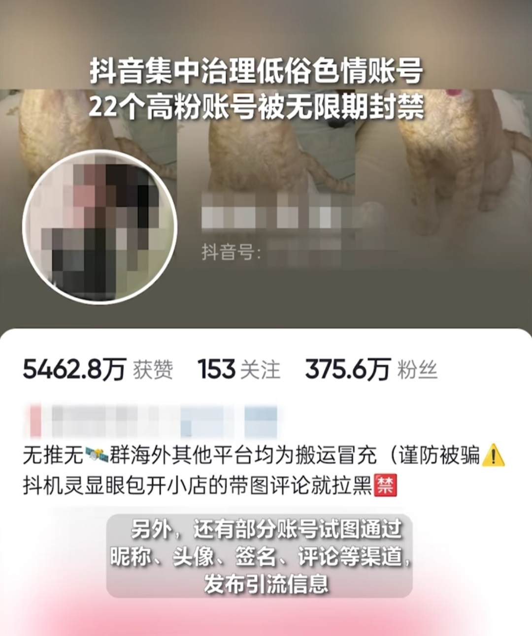 抖音整治低俗色情内容，22个账号被无限期封禁