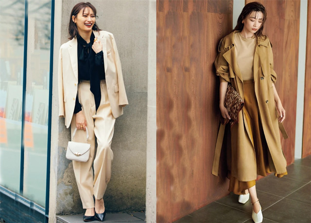 look:1左图:米色短款针织衫,搭配黑色高腰裤和黑色长靴,显腿长.