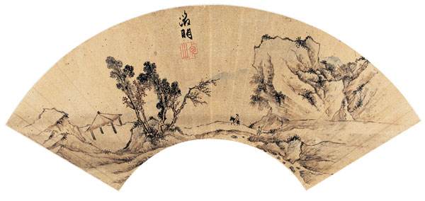 山重峦复，松柏耸立.衡山居士国画扇面图