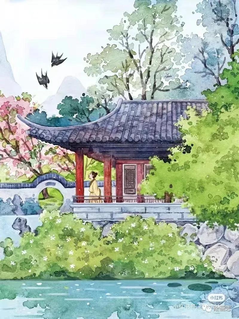 古诗春景,水彩手绘美图